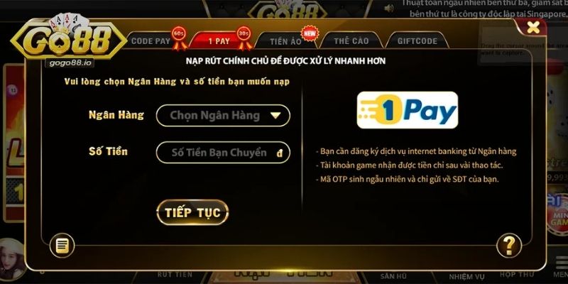 Quy trình nạp tiền GO88 chi tiết cho từng phương pháp